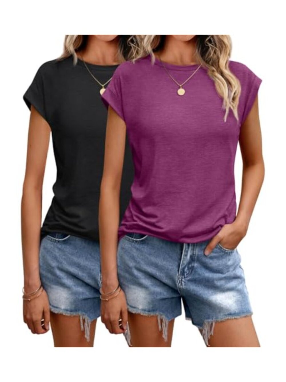 Women's Summer Tunic Tops 2 Pack Cap Sleeve Crew Neck Loose Fit T-Shirts